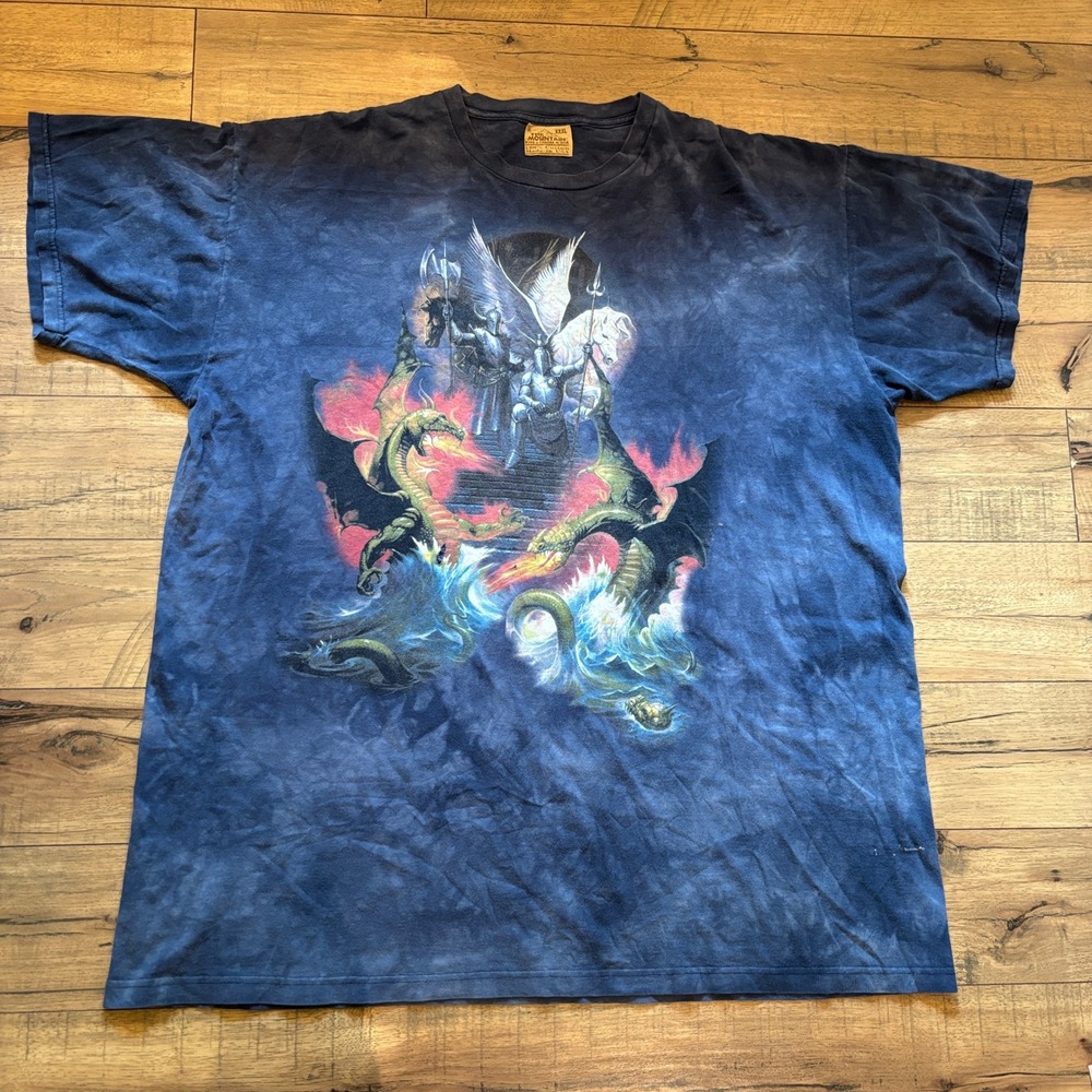 The Mountain Vintage Fantasy Dragon Knight Graphic T-Shirt Blue Tie Dye XXXL